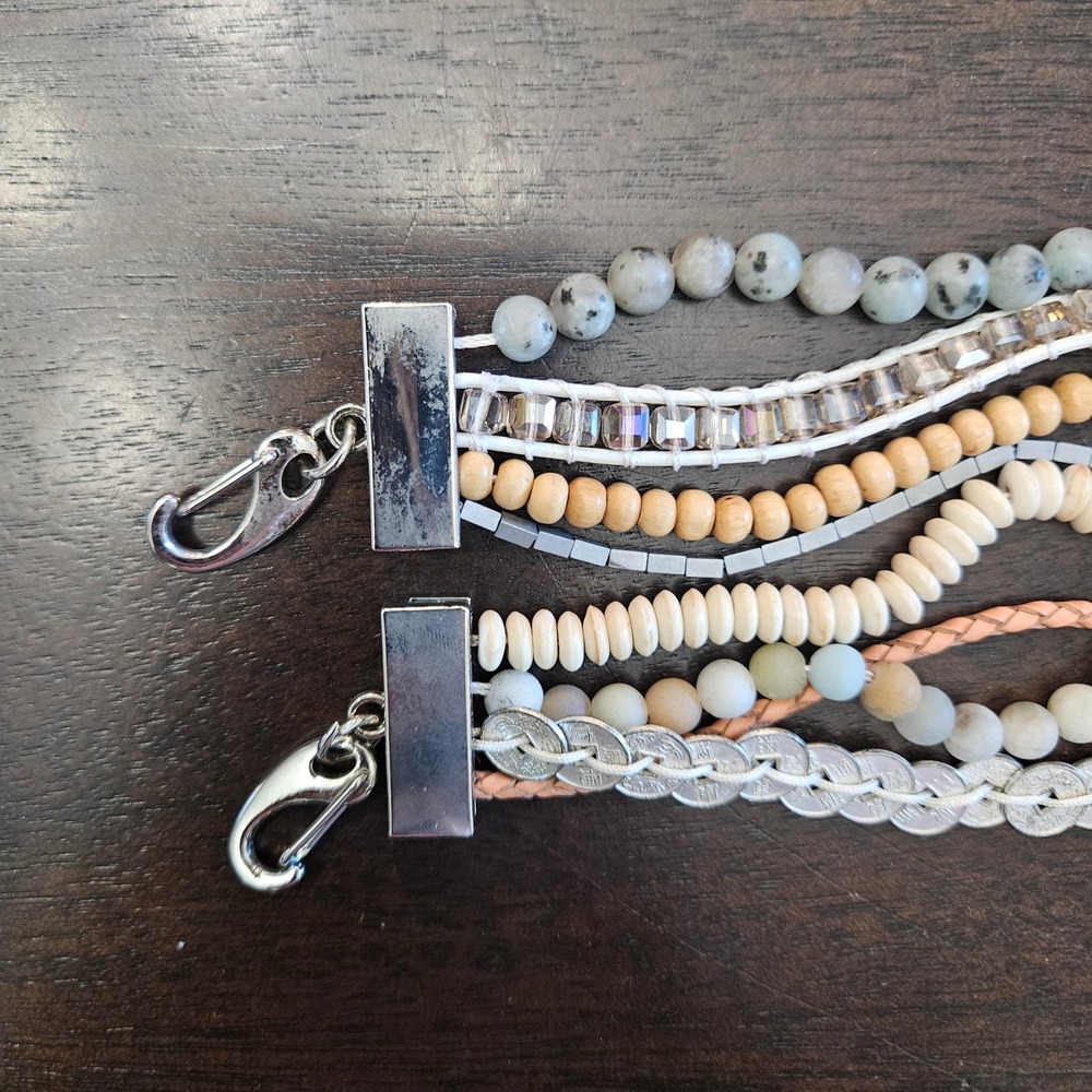 Victoria Emerson Multi-Strand Boho Wrap Bracelets Lot of 2 Stone Wood Leather - Picture 8 of 10